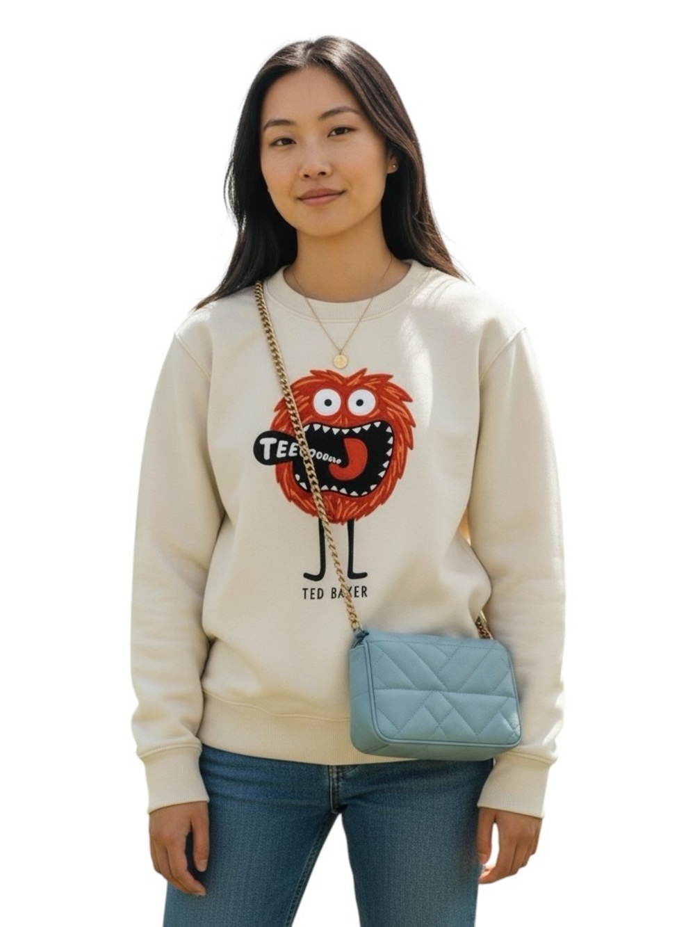 Ted Baker Cream Monster Graphic Sweatshirt Cotton Crewneck Embroidered Size 2 - Picture 2 of 15